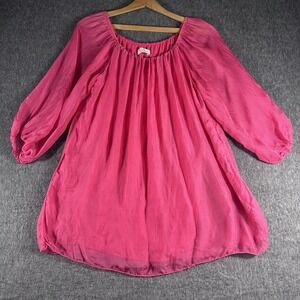 Sofia Hot Pink Layered Puff Sleeve Silk Top Tunic Round Neck Casual Office SZ L?